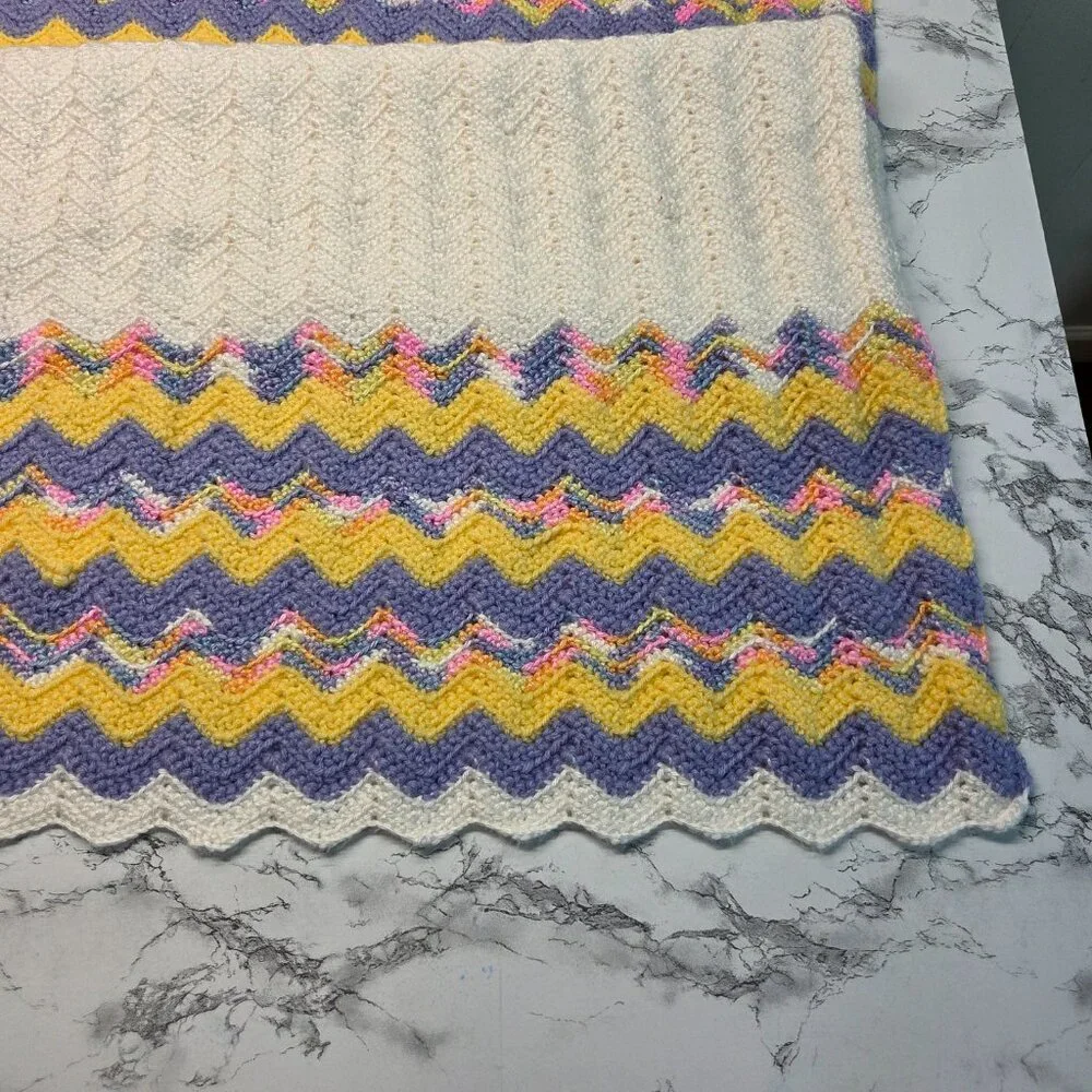Handmade Yellow Purple Striped Crocheted Easter Baby Blanket